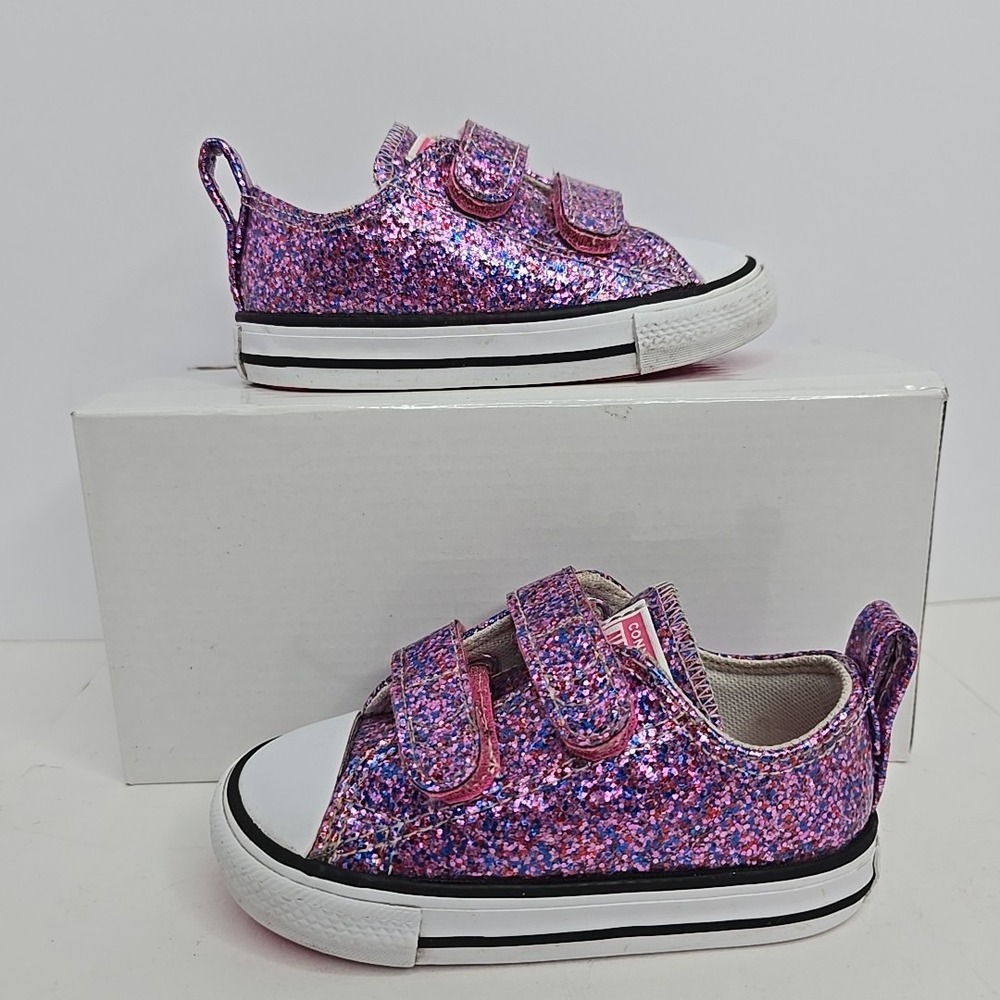 Converse Chuck Taylor All Star Pink Purple Glitter Toddler 6 Double strap Shoe V